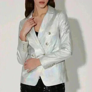 NWT WALTER BAKER Marley Double Breasted Metallic 100%Leather Blazer Sz L silver